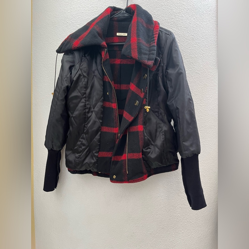 Baby Phat Red and Black Plaid Pea Coat With A Hood - XL - Picture 7 of 13